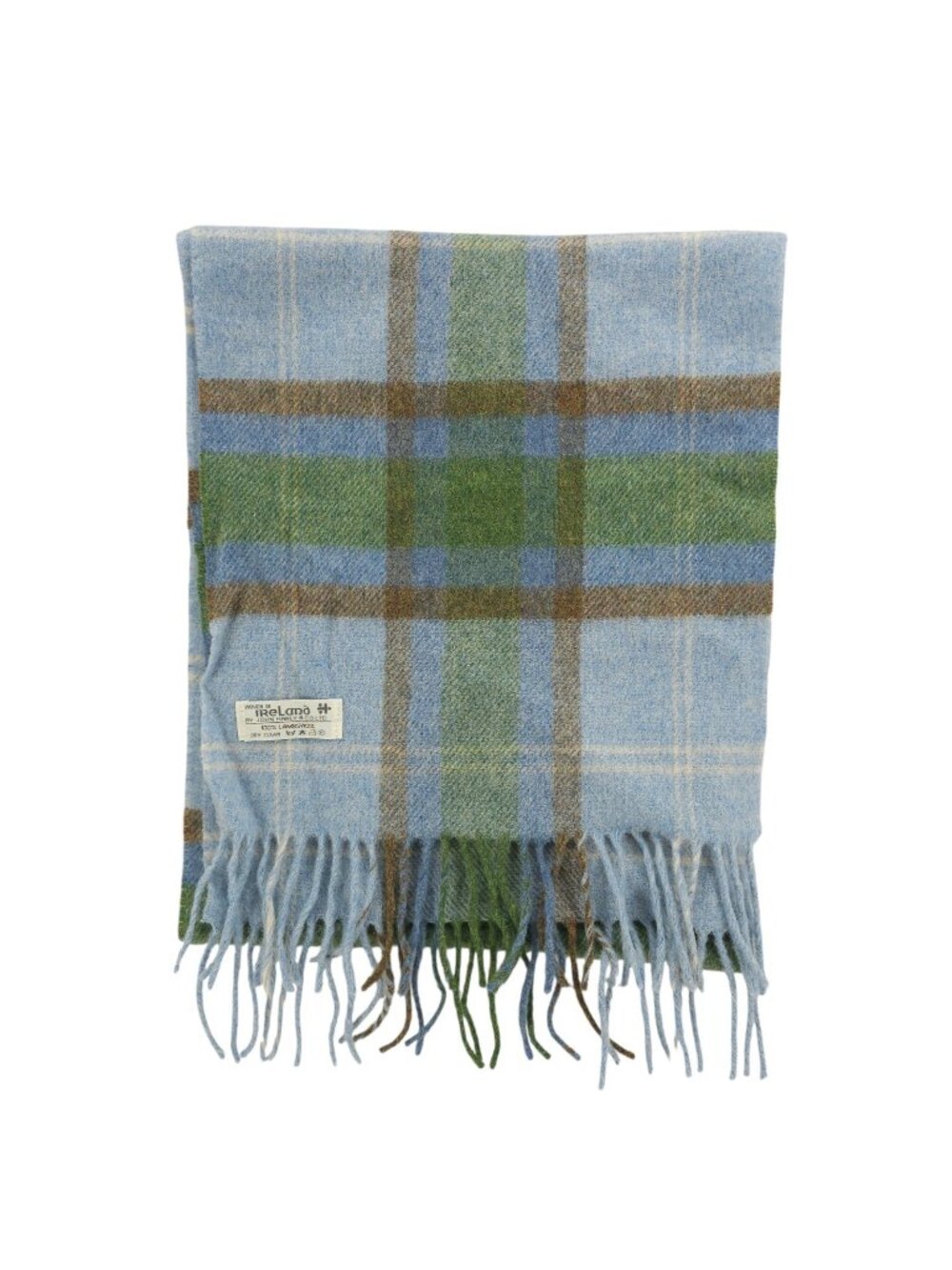 JOHN HANLY 100% Lambswool Plaid Fringe Scarf Made in IRELAND Blue Green Brown